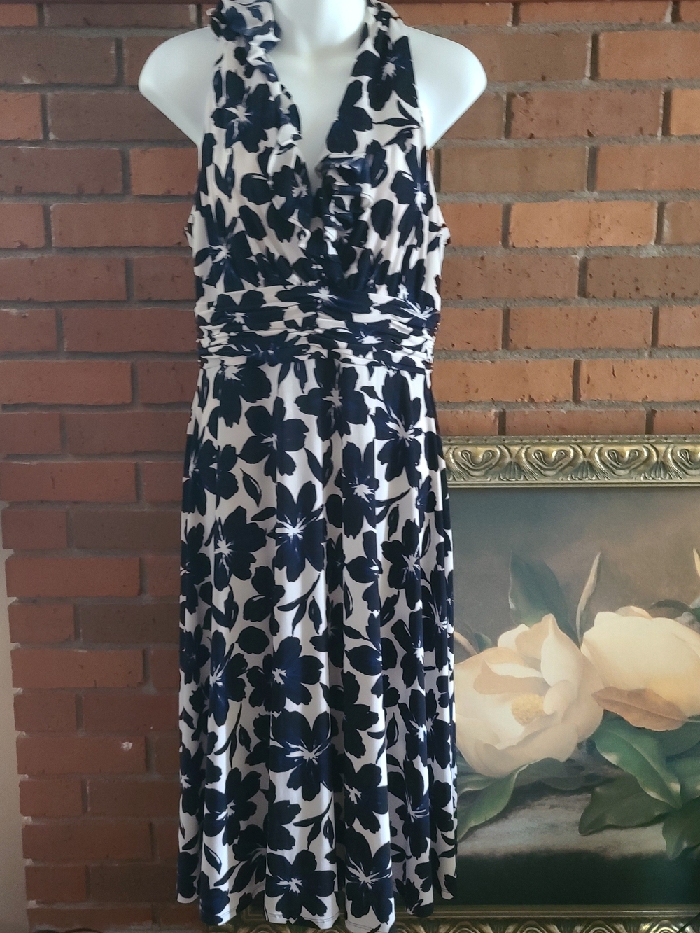 Evan Picone White Midi Dress with Navy Floral Print